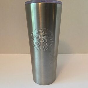 STARBUCKS Brushed Stainless Steel Silver Siren Cup Tumbler 24 oz Venti Clear Lid